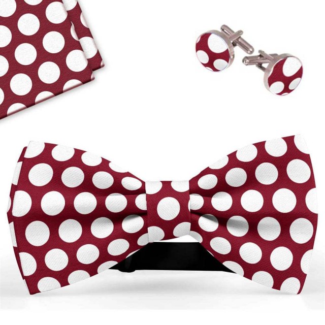 Set papion barbati, batista, butoni, rosu bordo,buline albe mari